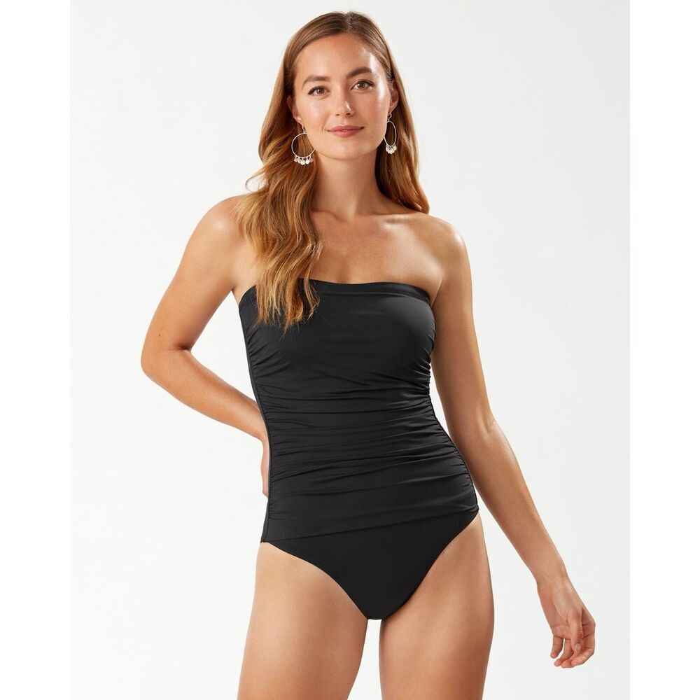 Tommy Bahama Shirred Bandeau One Piece Swimsuit Black Size 10 Slimming Strapless
